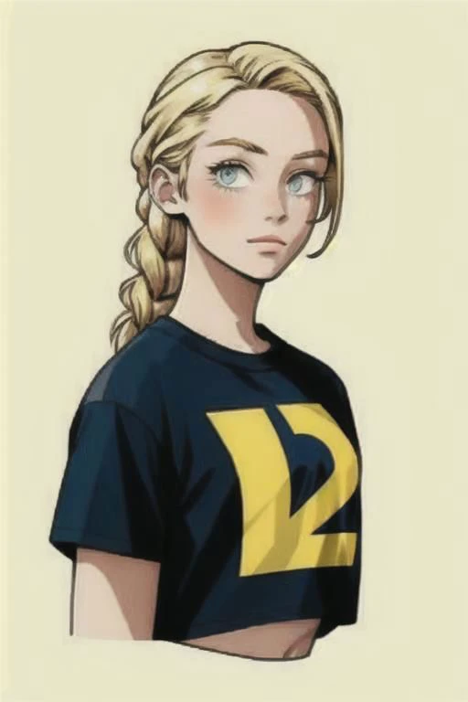 Woman, blonde, braid, cropped, t-shirt