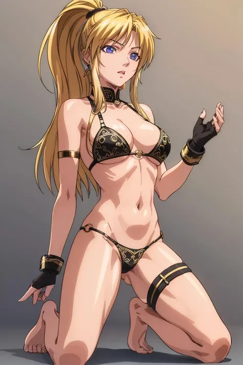 <lora:BibleBlackSaekiKaoriSchool_v10:0.7>
saeki kaori,
masterpiece, best quality,1girl,solo,(mature female:1.4),
armlet, barefoot, (Ornate armor: 1.6) bikini, Adorned black_bikini, blonde_hair, blue_eyes, breasts, earrings, jewelry, kneeling, long_hair, me...