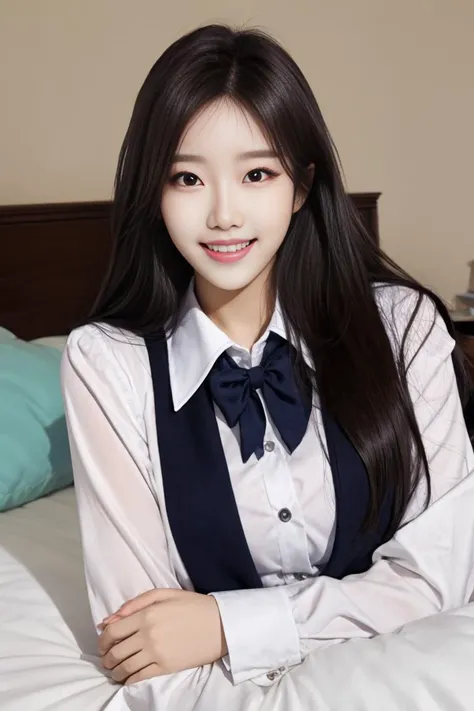 Kpop idol, laying on the bed, full body, school uniform, photorealistic, master piece, detailed face, happy smiling, <lora:TWbabe10:0.7>,