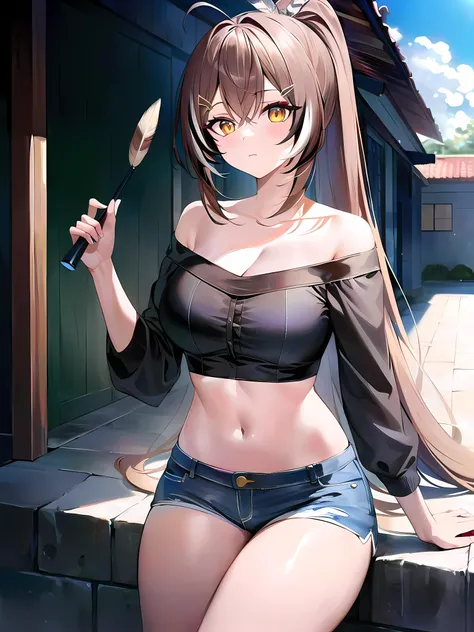 anime girl with long hair and a black top holding a knife