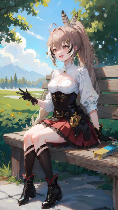 2d, masterpiece, best quality, anime, highly detailed face, highly detailed eyes, highly detailed background, perfect lighting, full body, 1girl, solo, nanashi mumei, sitting, waving, park bench, tree, (from side:0.7), shirt, corset, cleavage cutout, singl...