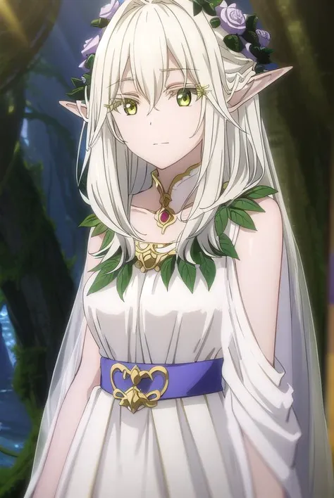 forestprincess, <lora:forest princess s2-lora-nochekaiser:1>,
forest princess, long hair, hair ornament, hair between eyes, (yellow eyes:1.3), white hair, flowers, pointy ears, hair flower, rose, hair intakes, elf, smile,
BREAK dress, collarbone, white dre...