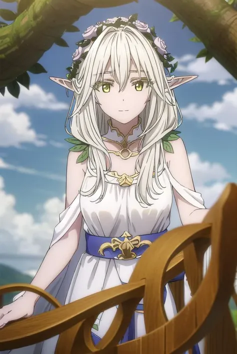 forestprincess, <lora:forest princess s2-lora-nochekaiser:1>,
forest princess, long hair, hair ornament, hair between eyes, (yellow eyes:1.3), white hair, flowers, pointy ears, hair flower, rose, hair intakes, elf, smile,
BREAK dress, collarbone, white dre...