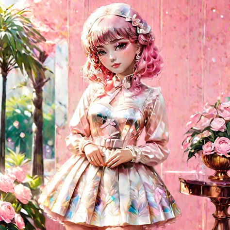 An anime design of a girl,Cognac Lo AND Cedarwood AND Lip Pink hair,holographic,intricate,elegant,sweet dress,highly detailed,digital painting,concept art,smooth,sharp focus,illustration,(full body shot), <lora:Holography:0.8> <lora:SweetLolitav2:1.4>