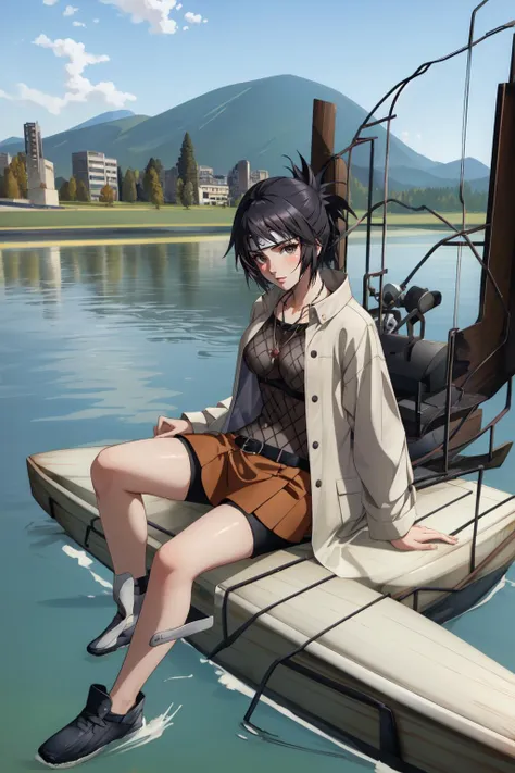 anime girl sitting on a boat in the water with a mountain in the background