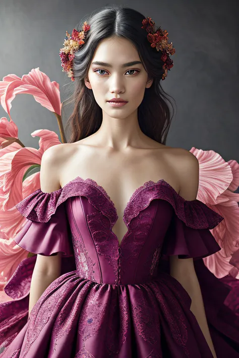 a woman in a purple dress with flowers in her hair