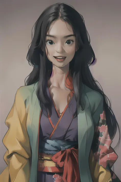 a woman in a kimono outfit with long hair and a smile