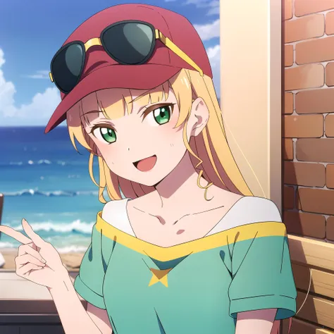 anime girl with green eyes and a red hat pointing at something