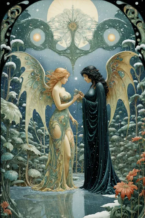 Art Nouveau, xlmrblng36-500 busty mature angel and demon in a botanical glasshouse, (black-tinted:0.5), very detailed, intricate, (snowing:1.21)