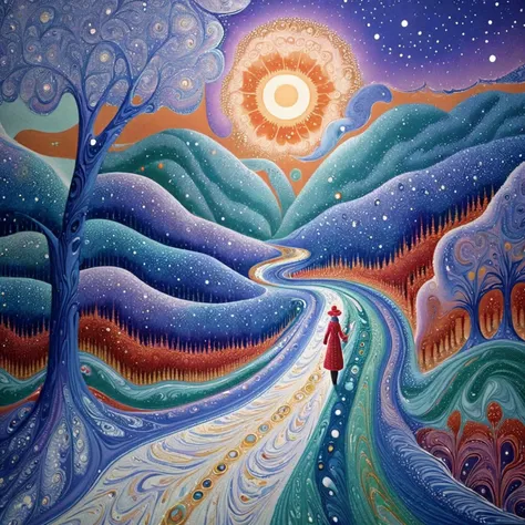 xlmrblng36-500 magnificent Fauvism, Royal princess walking on a path in a winter landscape, snowing, (white-tinted:0.5), very detailed, intricate, (snowing:1.21)