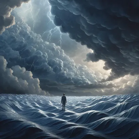 a man standing in the middle of a large body of water under a cloudy sky