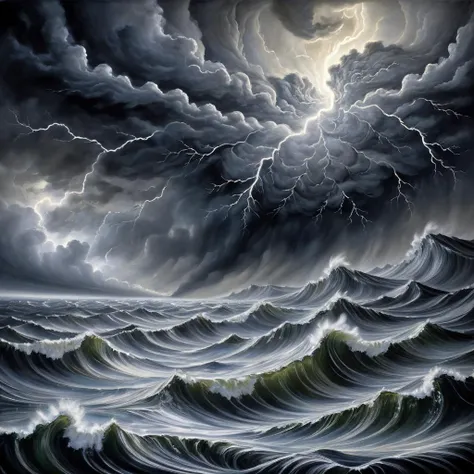 a painting of a storm with lightning coming out of the clouds