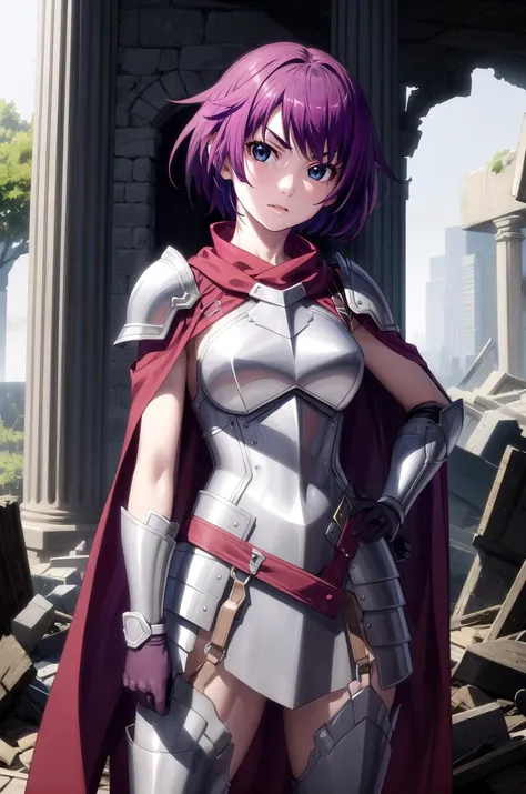 (masterpiece, best quality, detailed), 1girl, solo, hitagisenjougahara, short hair, medium breasts, bangs, looking at viewer,
armor, breastplate, shoulder armor, gloves, armored dress, cape, ruins, overgrown, rubble, pillar, outdoors, building, light rays,...