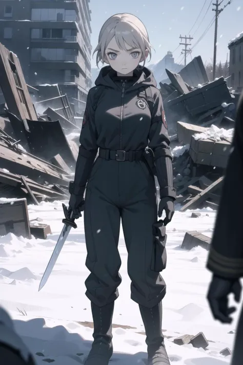 <lora:tatiana-000014:1> ttwa, ttps, black jumpsuit, hood,
1girl, sword, battlefield, rubble, crowded, snow, wind