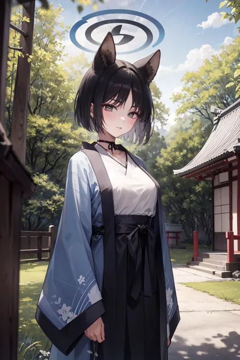 <lora:bluearchive_kikyou-09:0.8>, 1girl, solo, kikyou, short hair, animal ears, black hair, black eyes, halo, blue halo, choker, medium breasts, kimono,outside,japanese shrine,nature,arms at sides,, absurdres , highres, ultra detailed, (1girl:1.3),