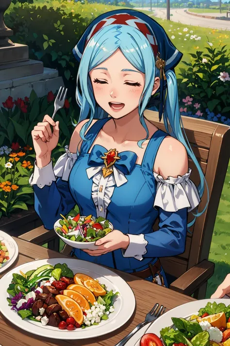 masterpiece, best quality,  <lora:flora-fe-richy-v1:1> florapicnic, bandana, sitting, table, chair, eating salad, laughing, open mouth, holding fork, salad, bowl, garden, laughing, closed eyes