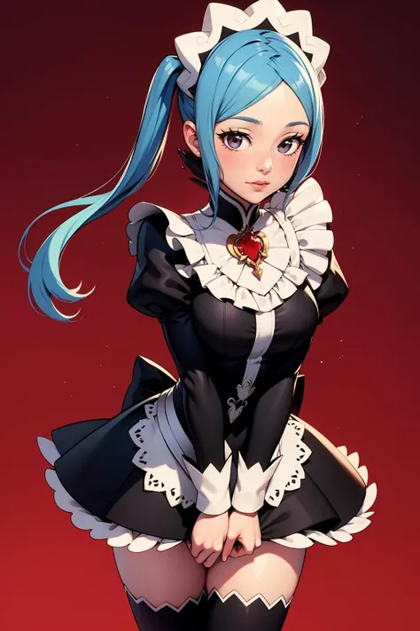 masterpiece, best quality, 1girl, solo, standing,   <lora:Char_fef-FlorabyRichy:0.8> floradef, maid, maid headdress, black thighhighs