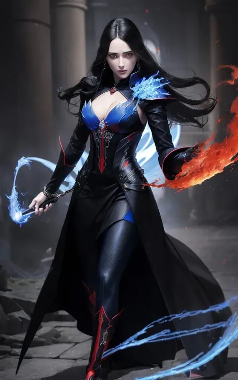 (masterpesce:1.4),(photo realistic:1.4), 1woman, cast a spell, red flames:1.2, blue flames:1.2, (black clothes sorcerer:1.2), in combat