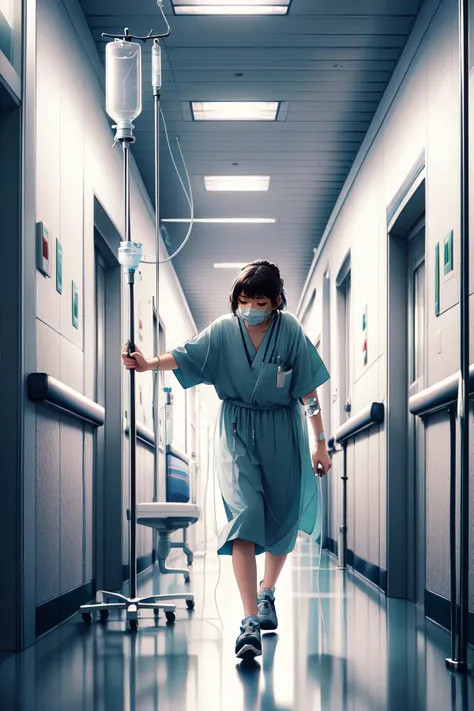 arafed woman in a hospital gown walking down a hospital hallway