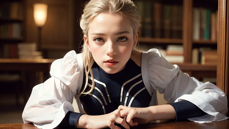 an awarded profesional photography of 1girl  <lora:pokemon_turo:1>  (pale white skin, beautiful silver eyes,)  rope braid messy hair dirty blonde  with hair bow with wide sleeves bikesuit  relaxed,she make Twirling pose in a haunted library , in summer by ...