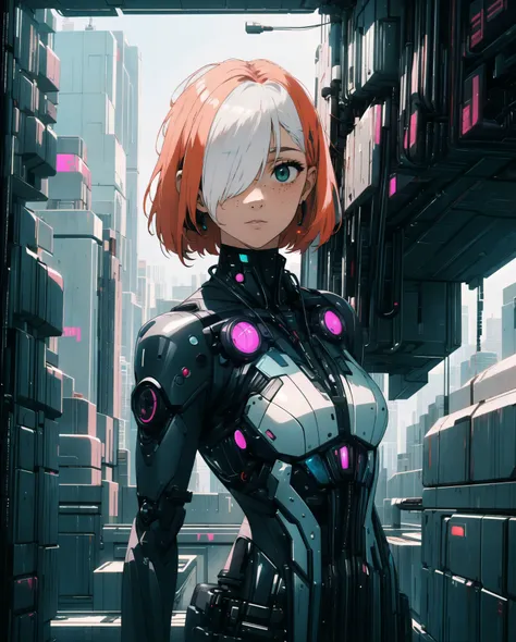 a close up of a person in a sci - fiction suit standing in a city