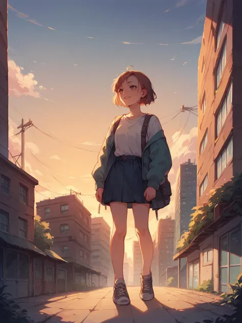 a woman standing on a sidewalk in a city at sunset