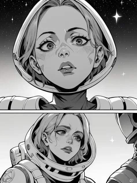 a comic strip with two images of a woman in space