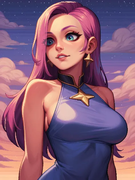 a woman with pink hair and a blue dress in the sky