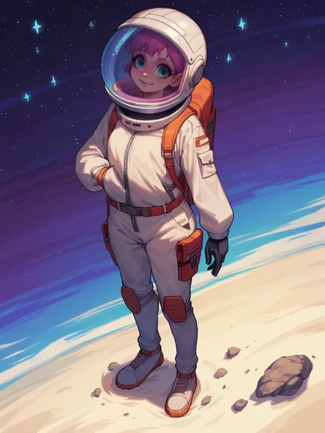 a cartoon picture of a woman in a space suit standing on a planet