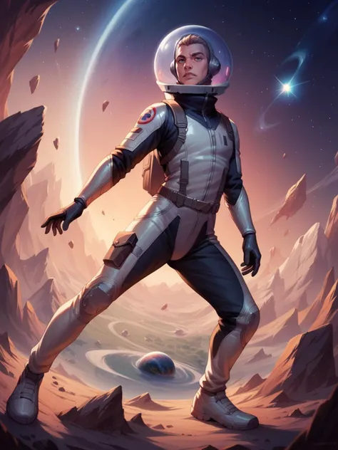 a man in a space suit standing in front of a planet