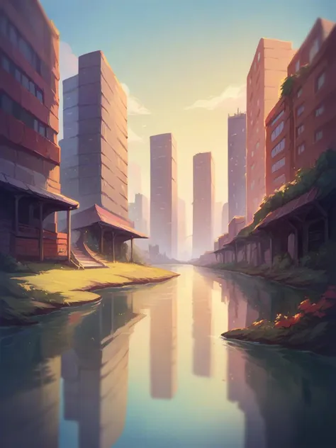 anime city with a river and buildings in the background