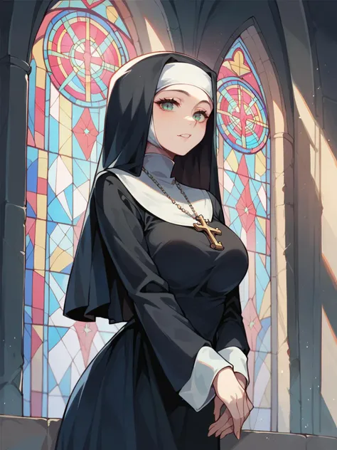 a close up of a woman in a nun outfit standing in front of a stained window