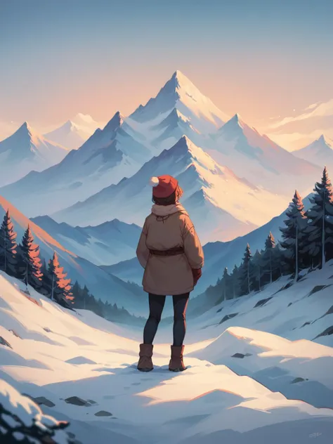 a woman standing in the snow looking at a mountain range