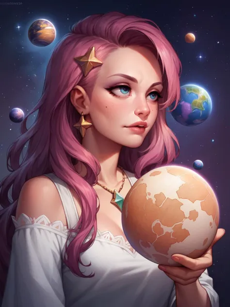 a woman with pink hair holding a globe in her hands