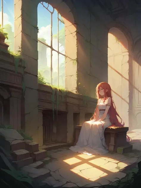 anime girl sitting on a bench in a castle with a window