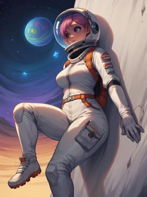 a woman in a space suit sitting on a rock with a planet in the background