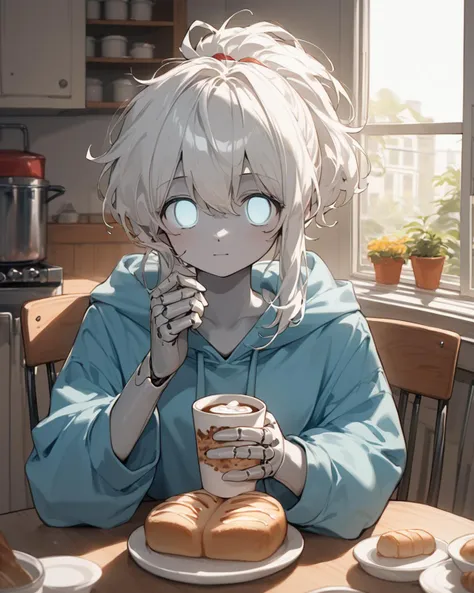 anime girl with white hair and blue eyes sitting at a table with a cup of coffee