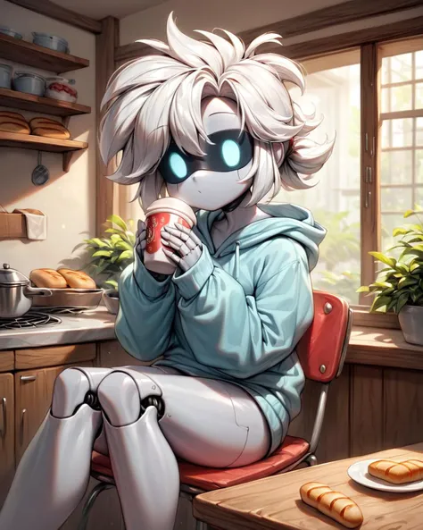 anime girl with a cup of coffee in her hand sitting in a kitchen