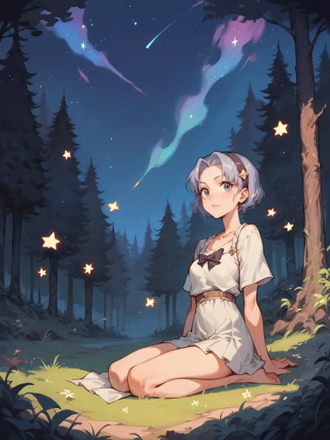 a girl sitting on the ground in the woods with stars