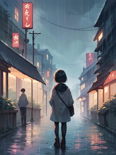 a woman walking down a rain soaked street in the rain