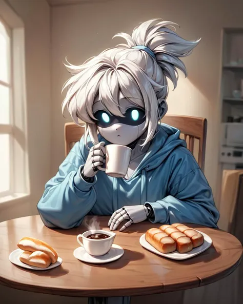 anime girl with a gas mask drinking coffee and eating donuts