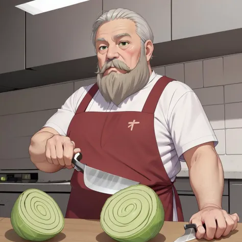 (mature fat beard man:1.1), cutting a green bowl on the table next to him, shirt, short_sleeves, (indoors:1), (cabbage:1.1), finish, <lora:cabbage4:0.5>, cowboy shot, (kitchen_knife:1.2),