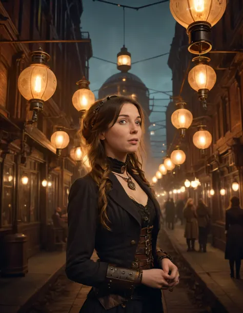 In this fantastical scene, the bohemian woman named Abby Boom gracefully stands within the ethereal yet industrious steampunk world, donning casual and stylish attire amidst the bustling Victorian-era clockwork city, illuminated by the glowing lanterns as ...