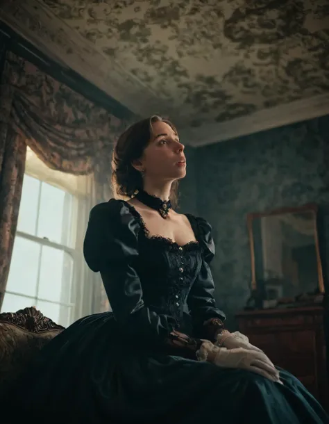 in this mysterious scene, abby boom captures a woman dressed in an enchanting victorian gown, as she gracefully poses with her e...