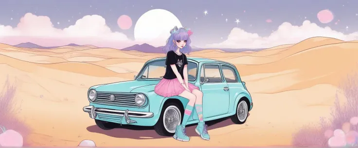 [(36-year-old Pastel Goth girl:1.2) (Cupcake graphic tee with a sprinkle-print circle skirt)], [(Dog Sledding:1.1)], (Windswept Dunes:1.2), anime