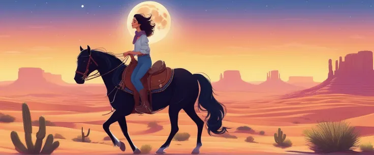 [(36-year-old Hipster girl:1.2) (Frilled off-shoulder top with high-rise jeans)], [(Horseback Riding:1.1)], (Moonlit Desert:1.2), pixar