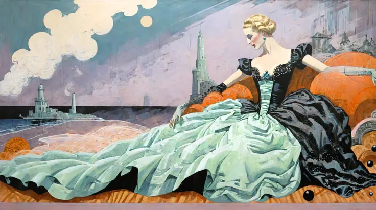 detailed Surrealist painting of a woman reclining <lora:AshleyWoodArtAIcc:1> AND a detailed Psychedelic painting of a rocky seashore, lighthouse, fog <lora:drdjns:1> :0.5 AND a detailed Art Deco painting of a Ballgown <lora:sdxl_George barbier v1.0:1>