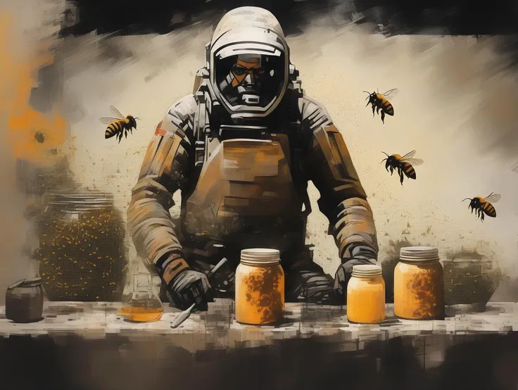 (Foreground: a man covered in bees, calm face), the man is stand up holding a honey pot. perfect composition, masterpiece, best quality, [:cinematic lighting:.35] (third plane: photo studio style), Digital art of <lora:AshleyWoodArtAIcc:1.5>, mixed with th...