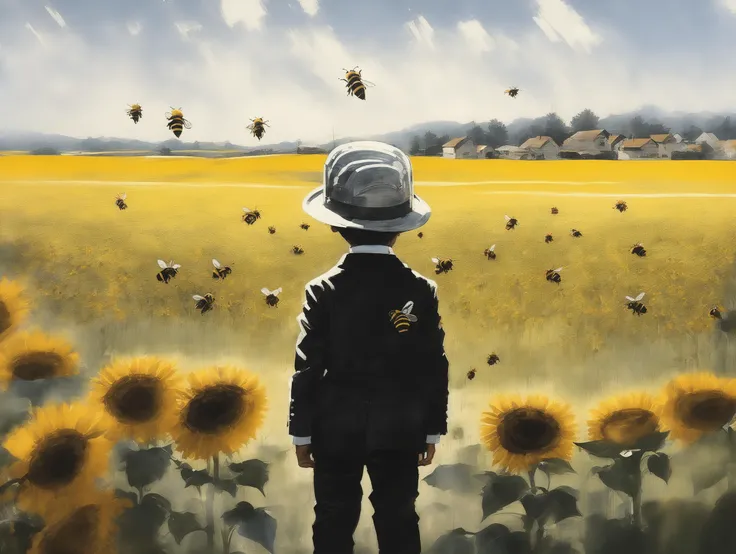 (Foreground: one small kid, wearing a suit,  ((bees)) are on him), the kid standing up, a honey pot. perfect composition, masterpiece, best quality, [:cinematic lighting:.35] (background: a field of sunflowers flowers), Digital art of <lora:AshleyWoodArtAI...