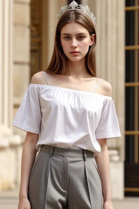 a woman wearing a white top and grey pants standing in front of a building